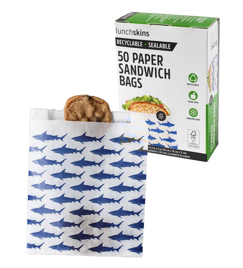 Lunchskins Recyclable & Sealable Paper Sandwich Bags â€“ 50 Count | Shark Design | Eco-Friendly Grease-Resistant Glassine Snack Bags with Self-Adhesive Closure for Freshness